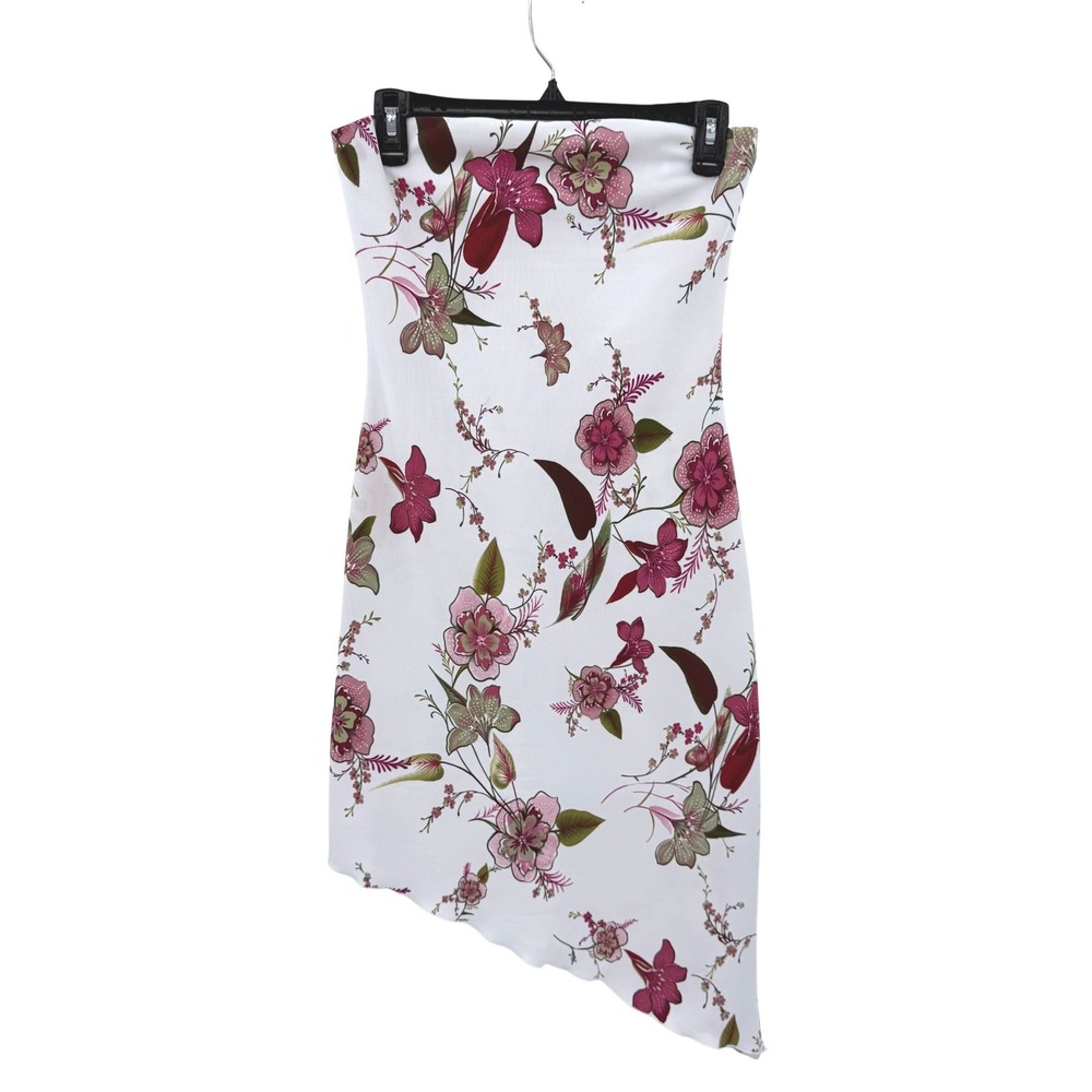 Lipstick Floral Strapless Tube Dress White Pink Asymmetrical Hem Y2K Womens M